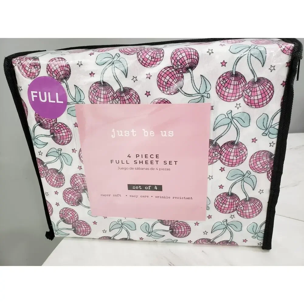 NEW Disco Ball CHERRY print bed sheets full size girl bedroom pink fruit‎ girly
